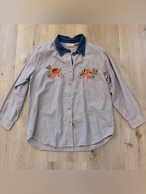 Basic Editions Cottagecore Cabin Embroidered Pinstripe Shirt Large Vintage